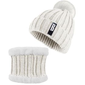 Winter Beanie Hat Scarf Set Women Warm Knitting Skull Cap Neck Warmer for Walking Running Hiking Camping Outdoors Gift (Black: Cream)
