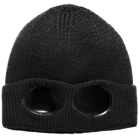 Unisex Knit Beanie Hat with Goggle Chunky Winter Warm Hat Skull Cap 4 Colors (Black: Black)