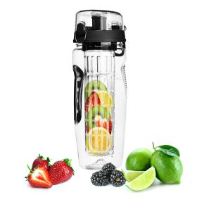 Fruit Infuser Water Bottle 32OZ Juice Shaker Sport w/ Flip Top Lid Anti-Slip Grips For Office Home Sport Running Walking Hiking (Black: Black)